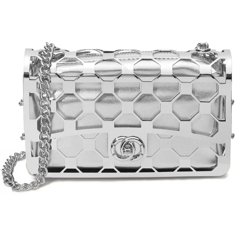⚡Women's Evening Elegant Exquisite Metal Hollow Clutch Silver Crossbody Handbag